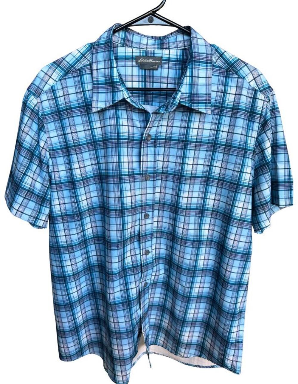 Eddie Bauer Plaid Button Down Shirt Men’s Large L Blue Green Cotton Casual